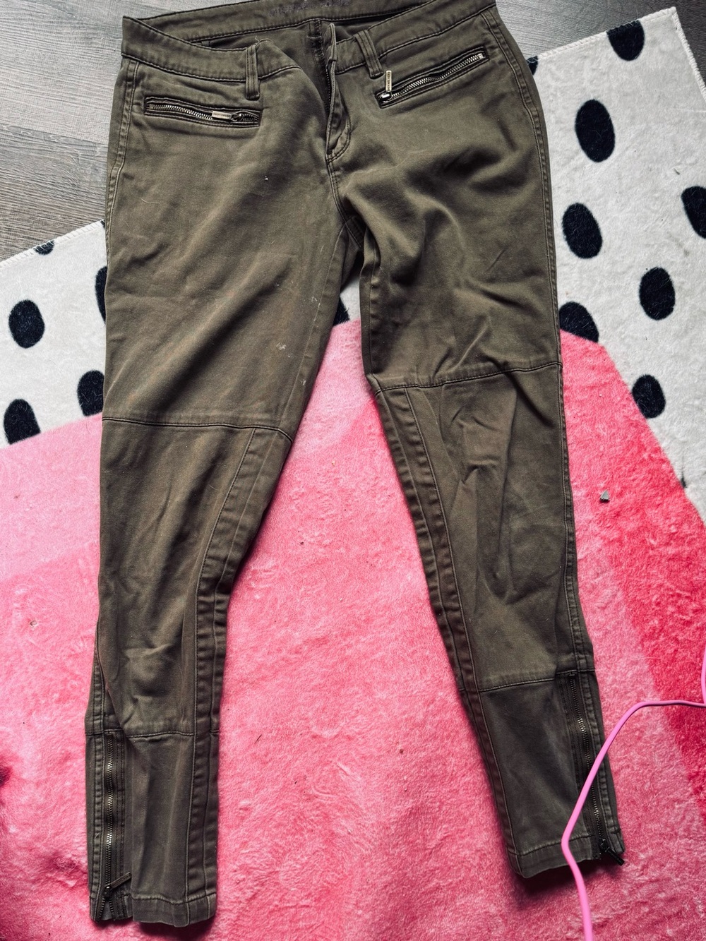 Michael Kors Olive Green Moto Skinny Jeans with Zip Details